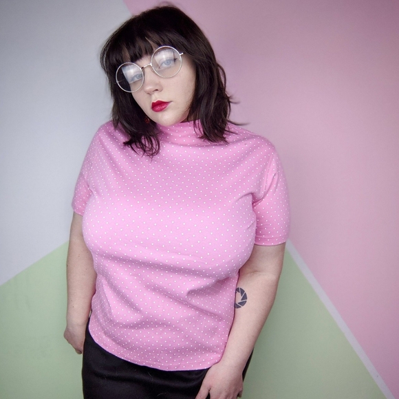 Lands' End Pink & White Polka Dot Mock Neck Top